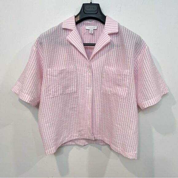 TopShop Seersucker PJ Shirt Pink Lightweight M Seersucker Short Sleeves Tees - Picture 3 of 11